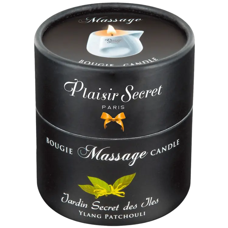 Sort gaveæske med Bougie de Massage fra Plaisir Secret Paris – sanseligt massagelys med ylang ylang og patchouli-duft