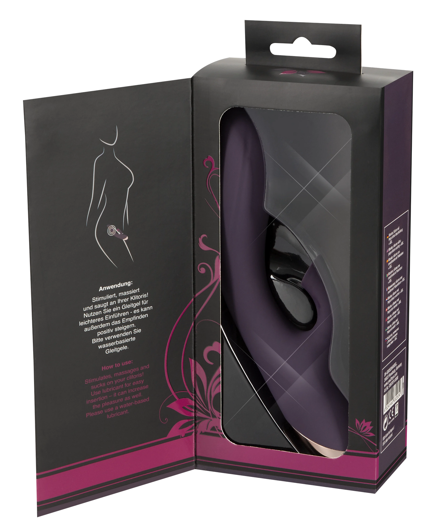 Elegant sort emballage med lilla Javida lufttryksvibrator, vist i åben æske med brugervejledning. Perfekt til klitorisstimulation og diskret nydelse. Ideel til sanselig wellness i Danmark.