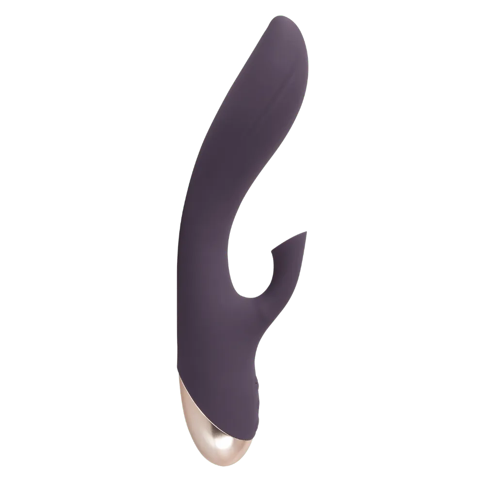 Sidevisning af lilla Javida lufttryksvibrator med buet skaft og klitorisarm. Blød silikone og gylden bund tilføjer elegance. Et stilfuldt intimprodukt til målrettet nydelse og velvære i Danmark.