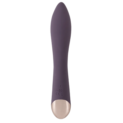 Javida lufttryksvibrator set bagfra med synlig USB-opladningsport og CE-mærkning. Designet i lilla silikone med gylden bund. Et stilrent intimprodukt til sikker og sanselig brug i Danmark.