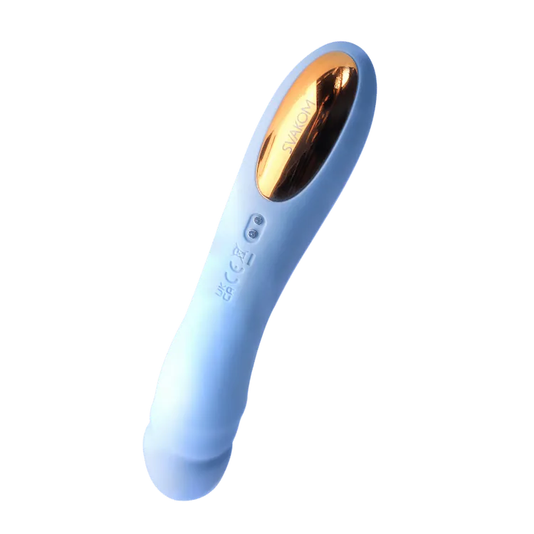 Svakom vibrator i lyseblå med gyldent kontrolpanel og afrundet form – stilfuldt intimprodukt i silikone til målrettet, sanselig stimulation