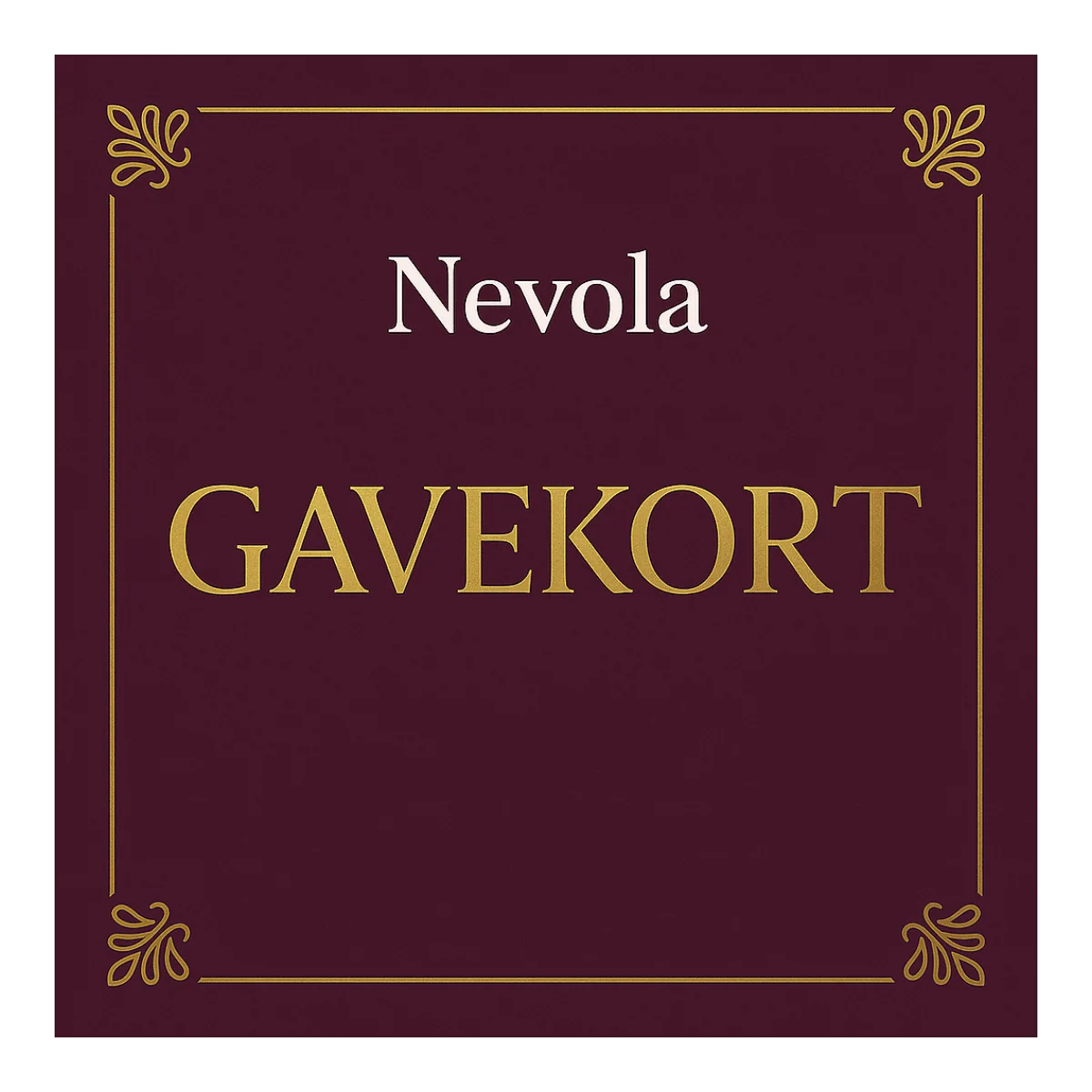 Elegant Nevola gavekort i vinrød og gylden stil med diskret ornamentik. En sanselig og stilfuld gaveidé til intime øjeblikke, selvforkælelse og moderne wellness for voksne.