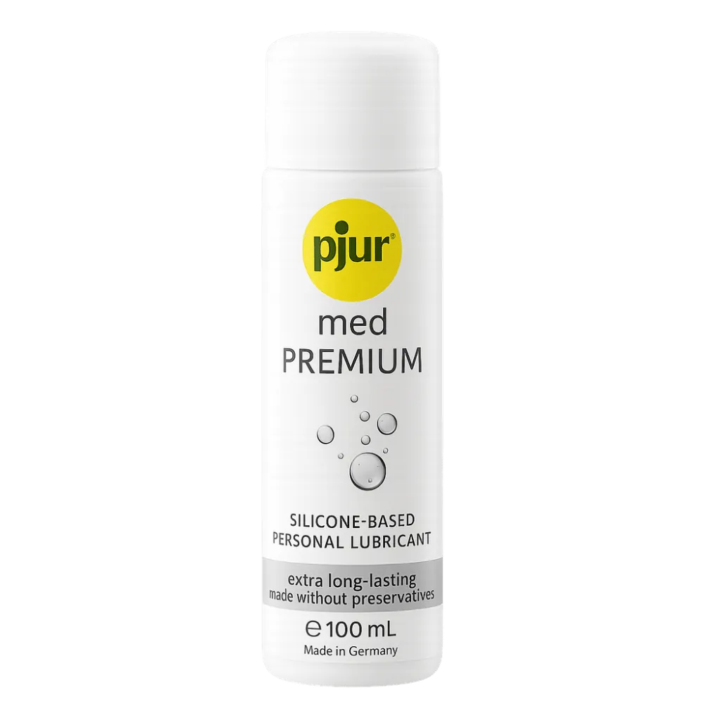 Pjur Med Premium siliconebaseret glidecreme 100 ml fotograferet med transparent baggrund. Intimprodukt til sensitiv hud, langvarig virkning uden konserveringsmidler. Ren og klinisk visning ideel til webshop brug.
