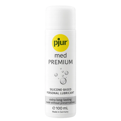 Pjur Med Premium siliconebaseret glidecreme 100 ml fotograferet med transparent baggrund. Intimprodukt til sensitiv hud, langvarig virkning uden konserveringsmidler. Ren og klinisk visning ideel til webshop brug.