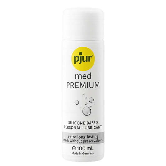 Pjur Med Premium siliconebaseret glidecreme 100 ml fotograferet med transparent baggrund. Intimprodukt til sensitiv hud, langvarig virkning uden konserveringsmidler. Ren og klinisk visning ideel til webshop brug.