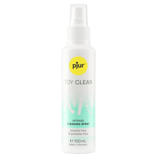 pjur Toy Clean rengøringsspray i 100 ml flaske. Alkoholfri og parfumefri formel, velegnet til skånsom rengøring af intimprodukter. Dermatologisk testet og fremstillet i Tyskland.