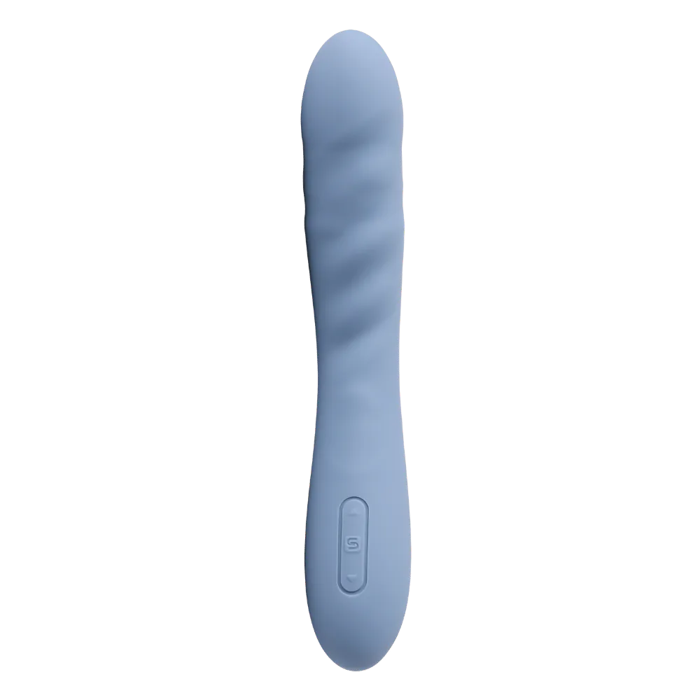 Svakom Ava Neo thrusting vibrator i cornflower blue set forfra med tydelige riller og intuitive betjeningsknapper – designet til målrettet stimulation og interaktiv nydelse via app-styret teknologi.