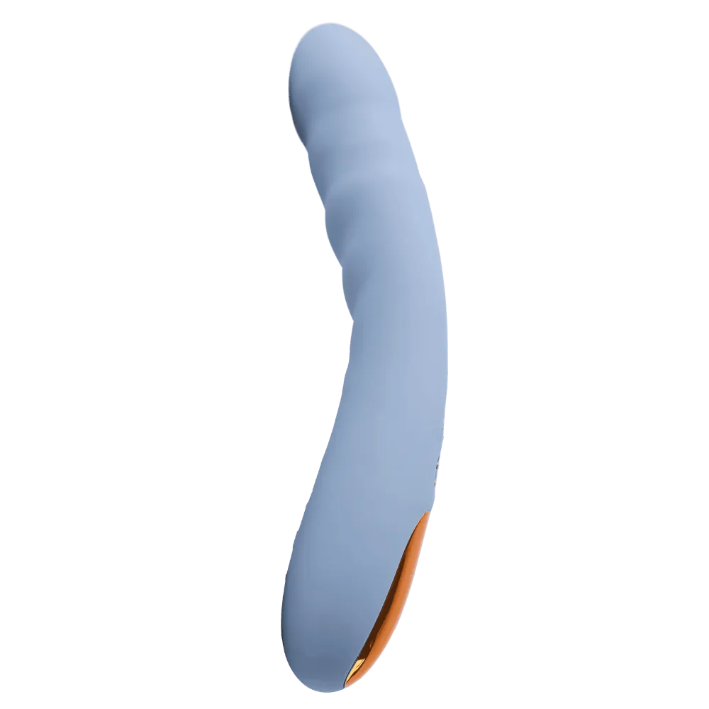 Svakom Ava Neo interaktiv thrusting vibrator i cornflower blue, set fra siden med elegant buet design og rillede detaljer – fremstillet i blød silikone med gylden bund. Perfekt til intens, rytmisk nydelse.