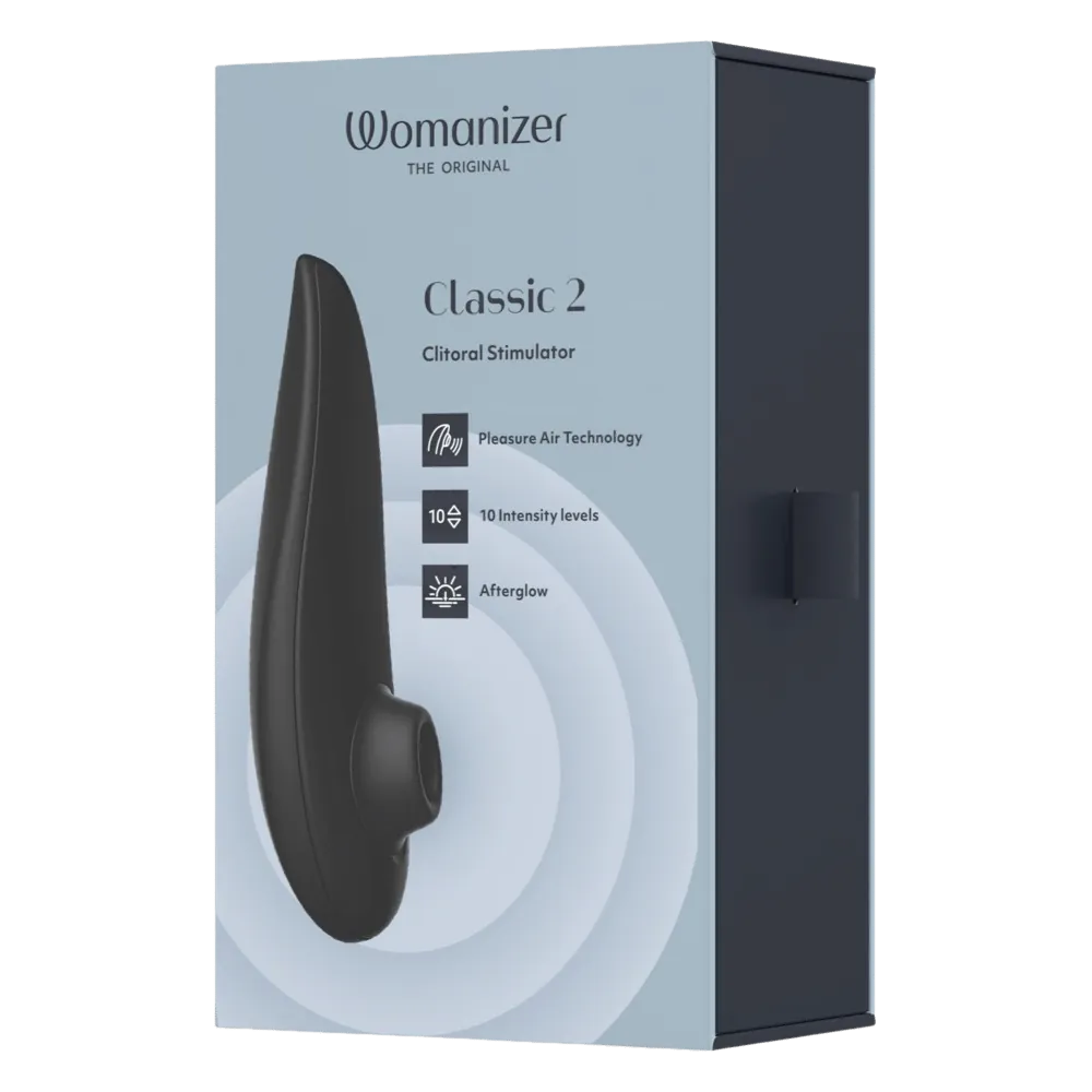 Womanizer Classic 2 i sort vist i opretstående æske med 10 niveauer, Afterglow og Pleasure Air – stilrent valg til klitorisstimulering