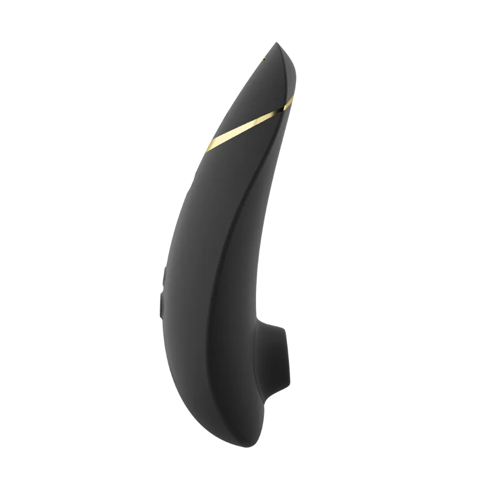 Sidevisning af Womanizer Premium 2 med gyldne detaljer – ergonomisk intimprodukt med fokus på komfort, elegance og effektiv lufttryksstimulation. Fås hos Nevola med hurtig, diskret levering i Danmark.