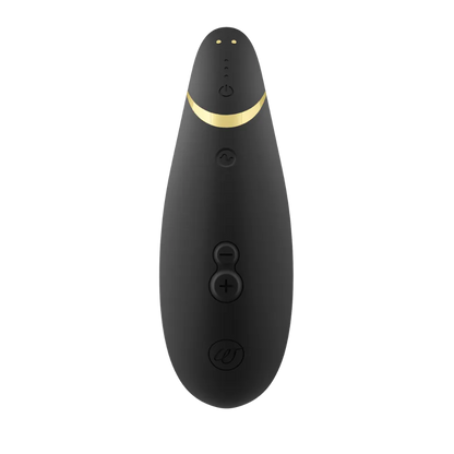 Elegant sort Womanizer Premium 2 med gyldne detaljer – lufttryksbaseret intimprodukt skabt til diskret og intens nydelse. Et stilsikkert valg til moderne kvinder i hele Danmark fra Nevola.